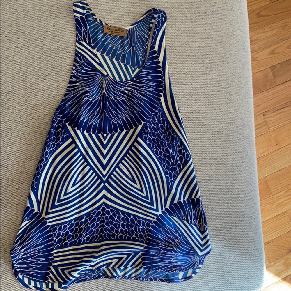 Karen Zambos Blue and White Graphic Tank Dress